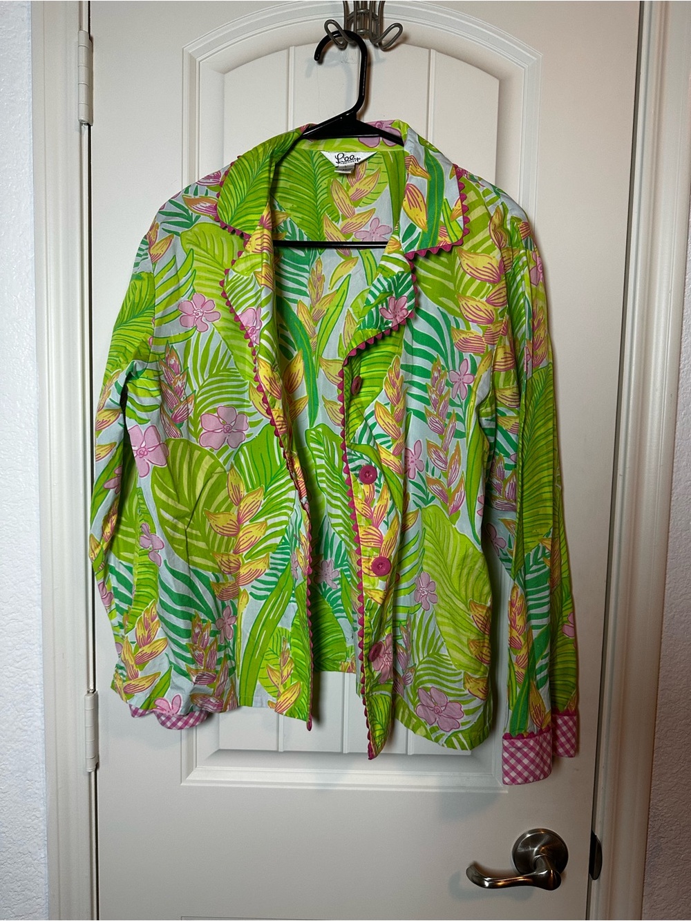 Lilly Pulitzer Green Tropical Floral Gingham Button-Front Women's Top size L - Picture 3 of 8
